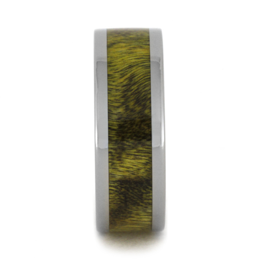 Yellow and Black Poplar Wood Inlay 8mm Comfort-Fit Polished Titanium Band