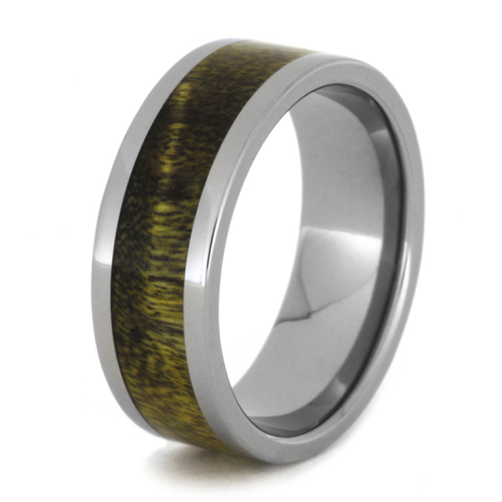 Yellow and Black Poplar Wood Inlay 8mm Comfort-Fit Polished Titanium Band