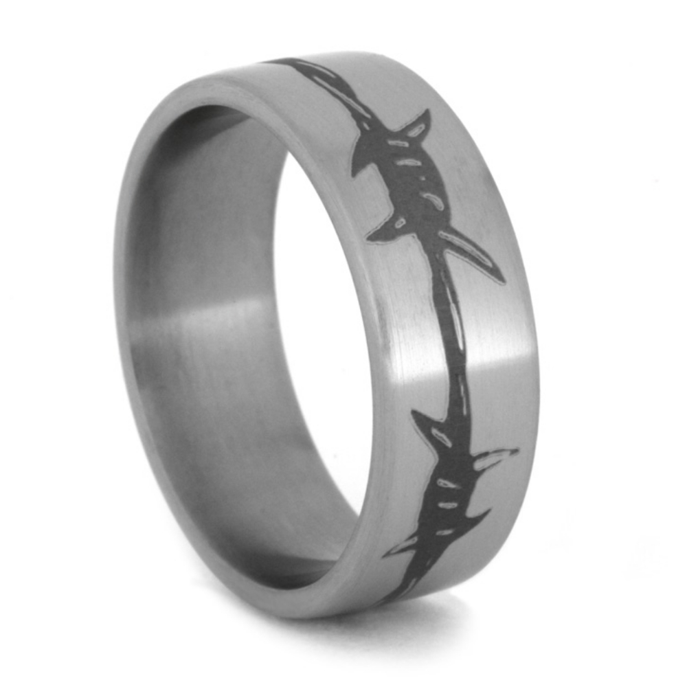 Barbed Wire Ring on Titanium with laser Engraved 8mm Comfort-Fit Brushed Titanium Band.