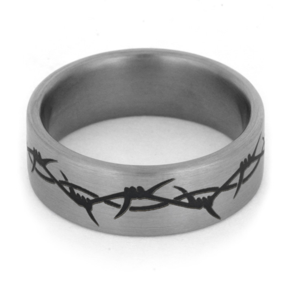 Engraved Titanium with Barbed Wire Jewelary 8mm Comfort-Fit Brushed Titanium Band.
