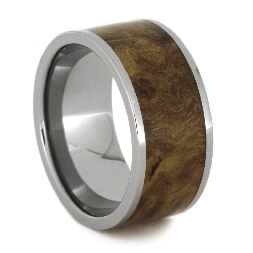 Titanium and Black Ash Burl 10mm Comfort-Fit Polished Titanium Band.