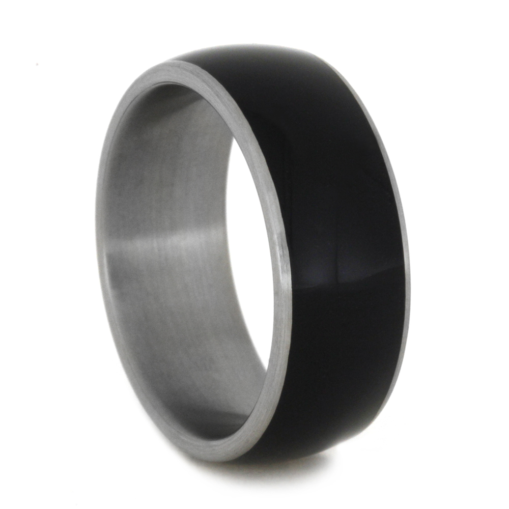 Black Ebony Overlay 8mm Comfort-Fit Brushed Titanium Band.