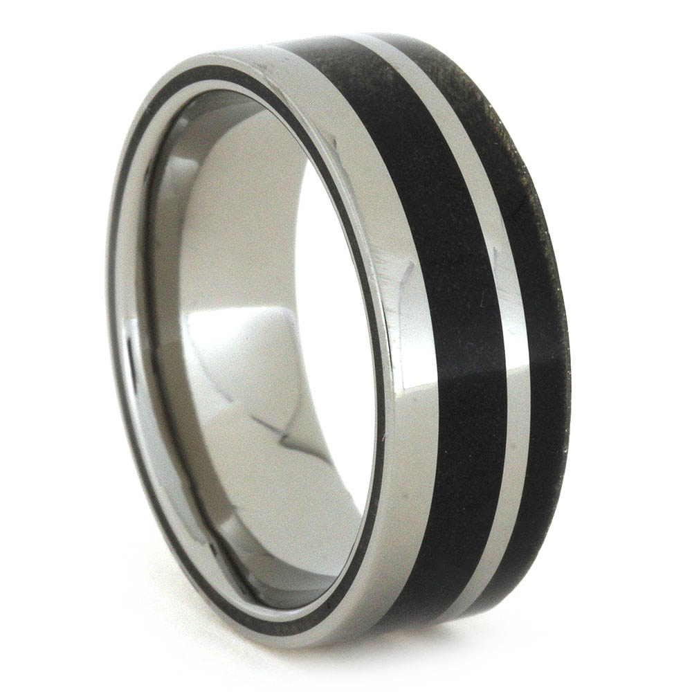 Sleek Titanium Inlay with Buckeye Burl 8mm Comfort-Fit Polished Titanium Band.