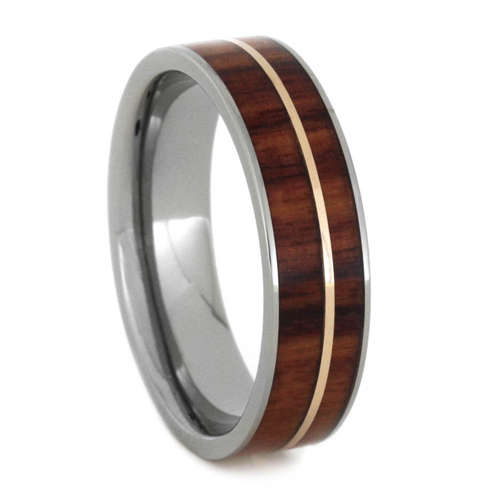 Tulip Wood with Rose Gold Inlay 6mm Comfort-Fit Polished Titanium Band.