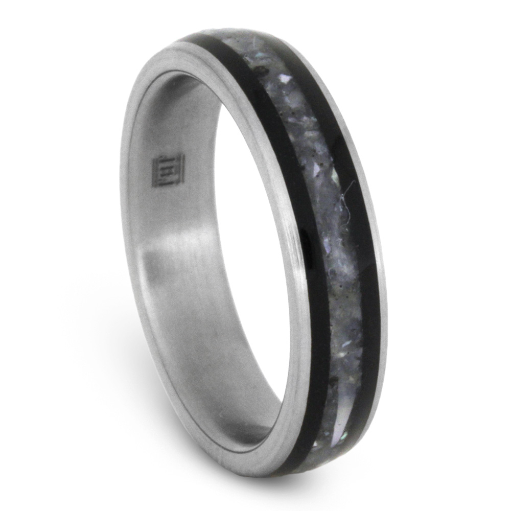 Mother of Pearl Inlay with Black Ebony Wood 4.5mm Comfort-Fit Brushed Titanium Band.