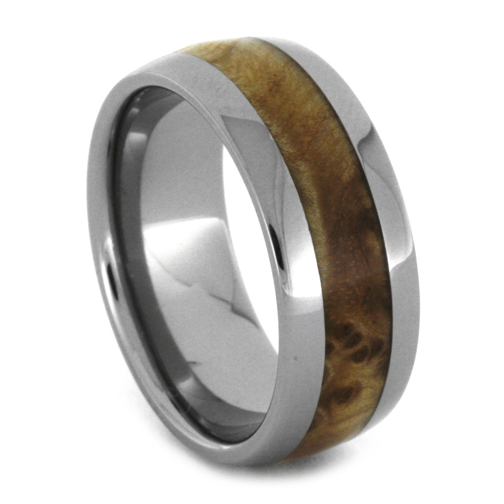 Black Ash Burl Wood Inlay 8mm Comfort-Fit Polished Titanium Ring