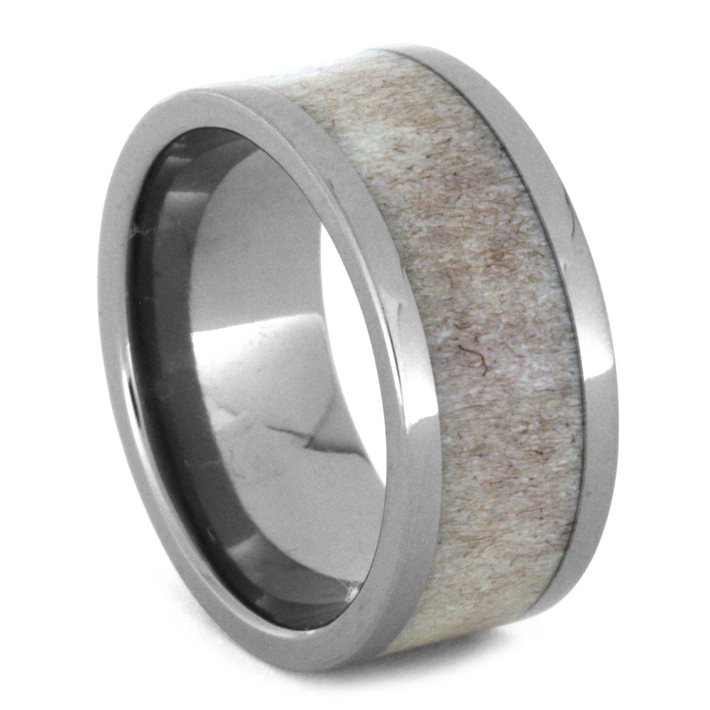 Deer Antler Inlay 9mm Comfort-Fit Polished Titanium Wedding Band.