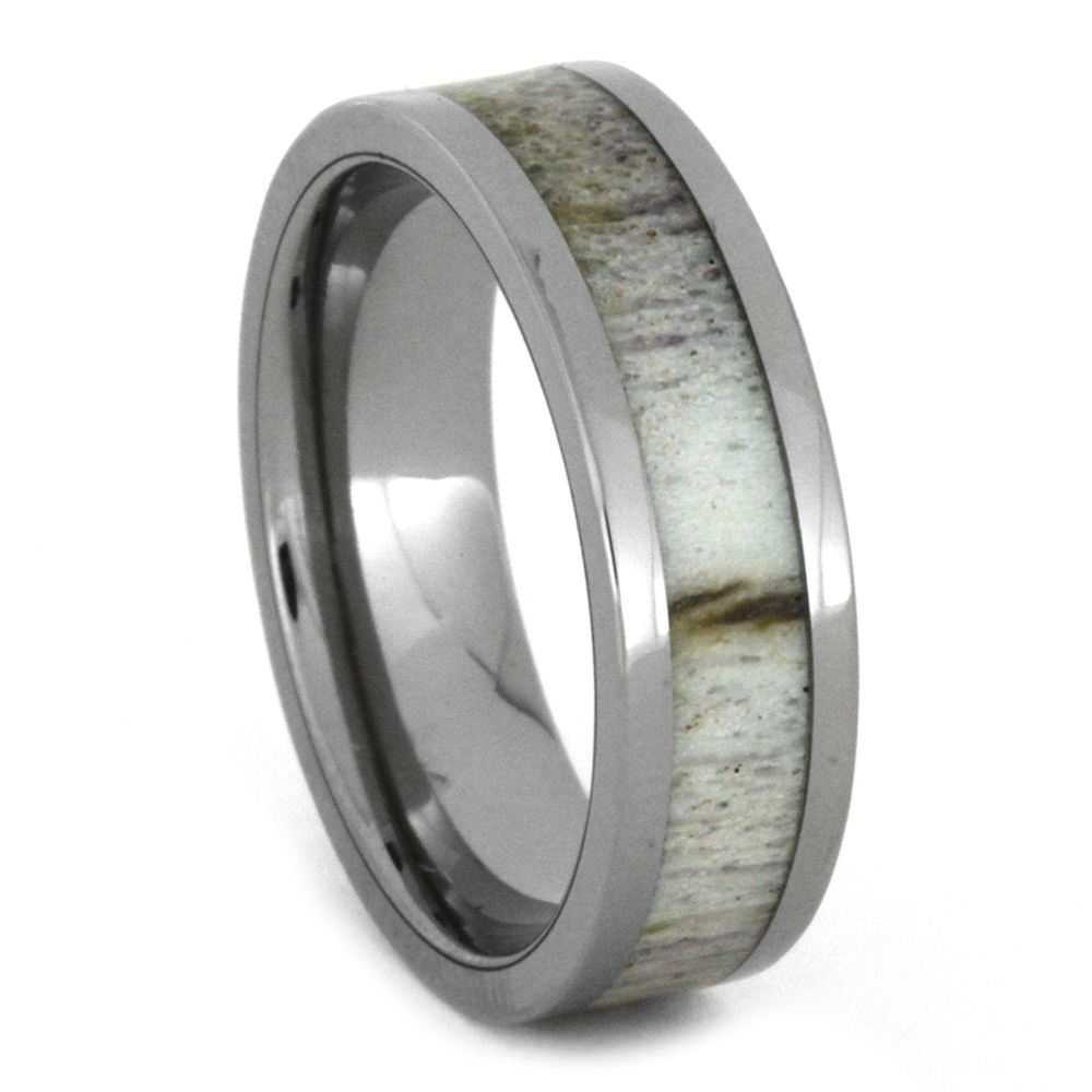 Deer Antler Inlay 6mm Comfort-Fit Polished Titanium Wedding Band.