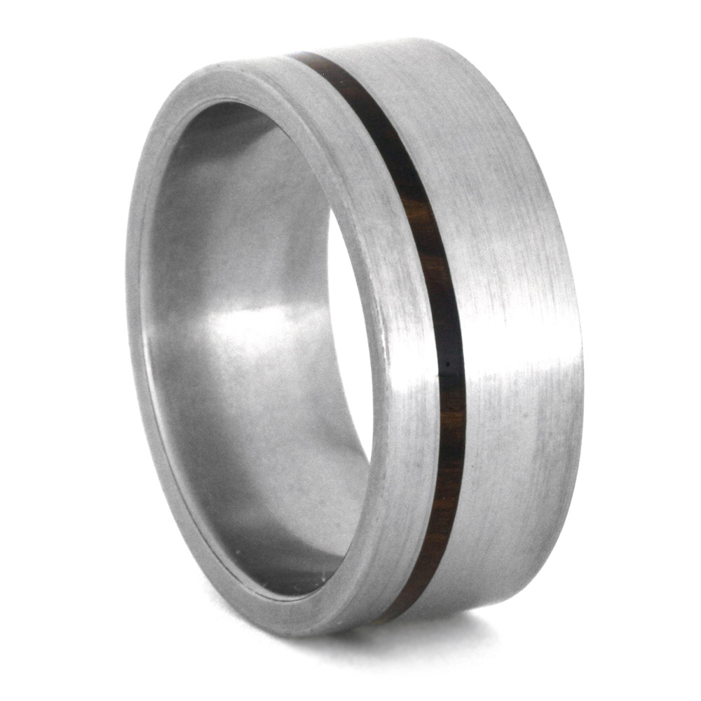 Thin Wood Pinstripe Inlay 8mm Comfort-Fit Brushed Titanium Ring 