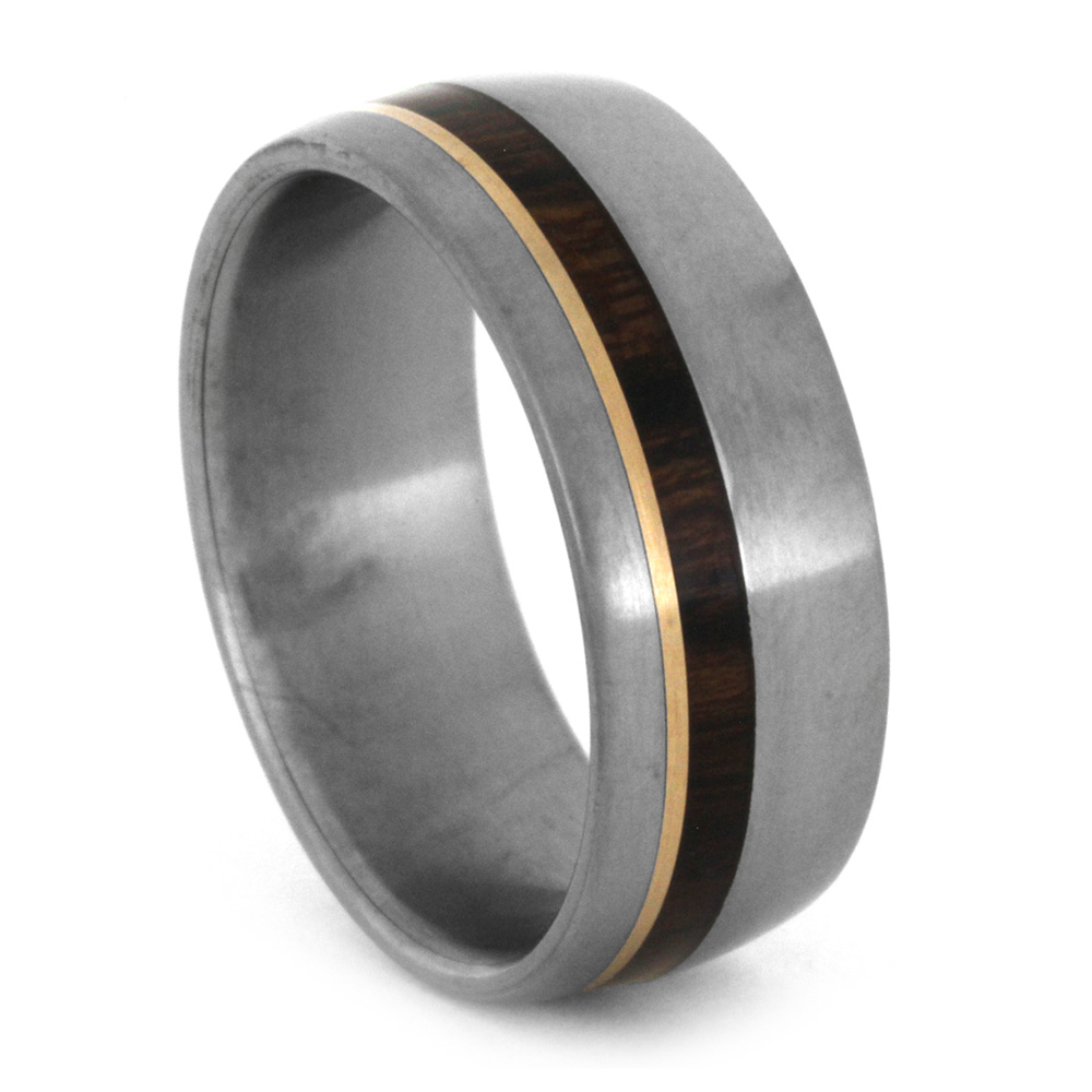  Wood and Rose Gold Inlay 7.5mm Comfort-Fit Matte Titanium Ring 