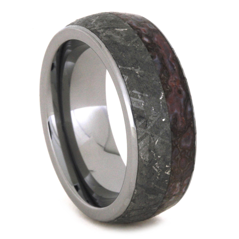Dinosaur Bone and Meteorite Overlay 8mm Comfort-Fit Polished Tungsten Ring.