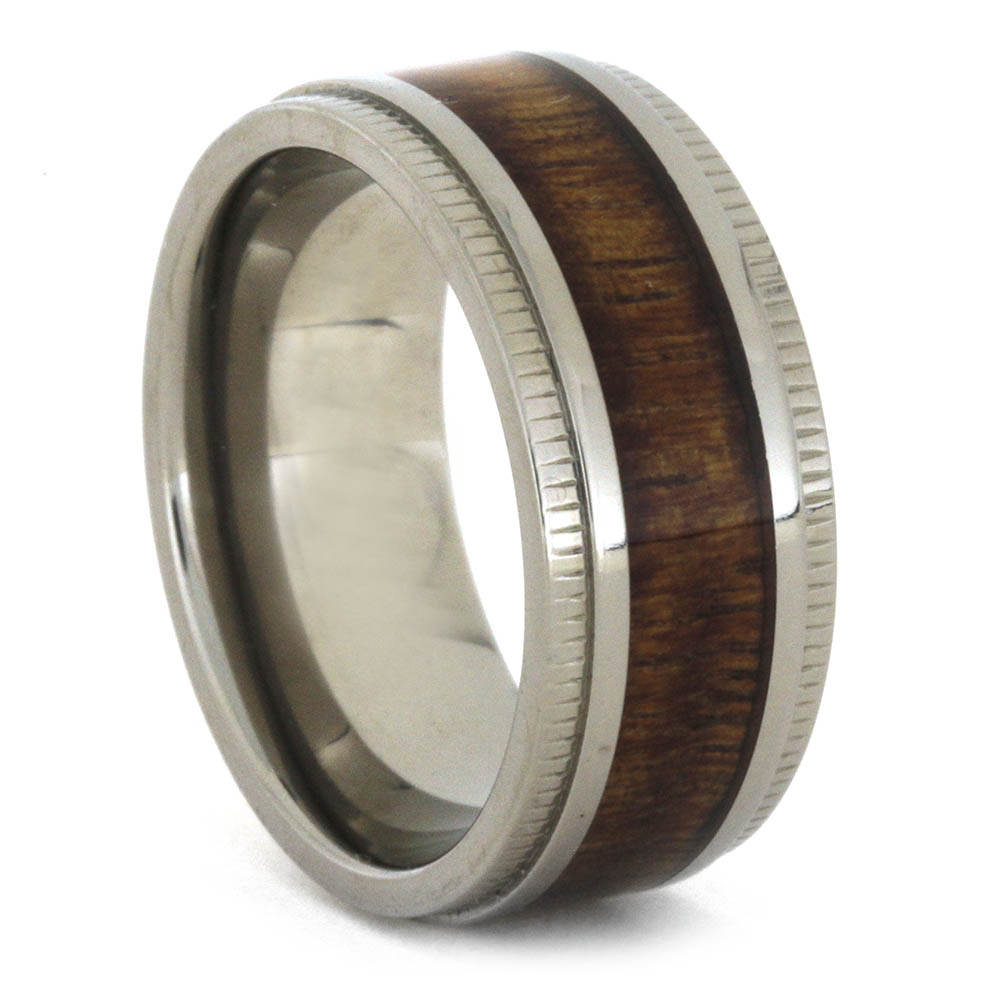 Koa Wood with Flat Milgrain Edge 9mm Comfort-Fit Polished Titanium Band