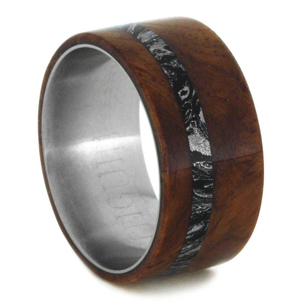 Black and White Mokume Inlay Stripe with Wood Overlay 10mm Comfort-Fit Matte Titanium Band