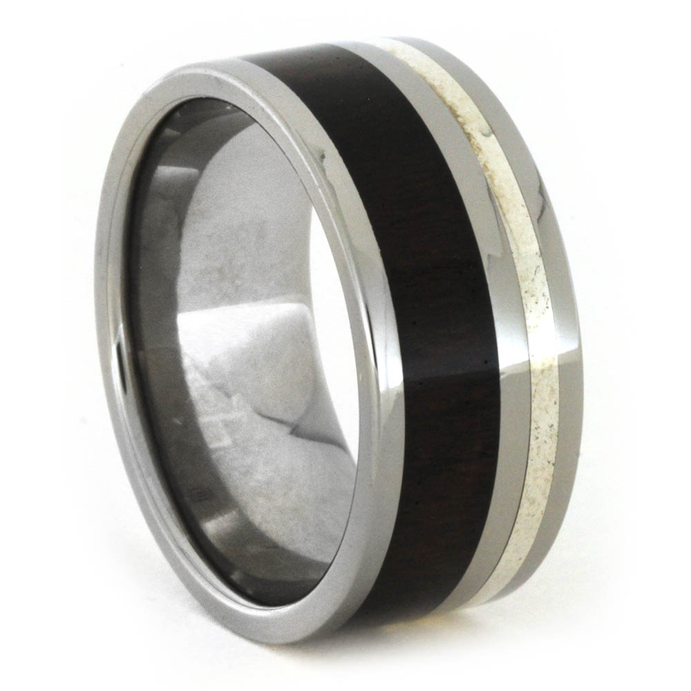 Zircote Wood Inlay and Sterling Silver Pinstripe 9mm Comfort-Fit Polished Titanium Ring
