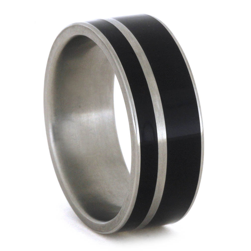 Wood Ring with Titanium Pinstripe 7.5mm Comfort-Fit Matte Titanium Ring