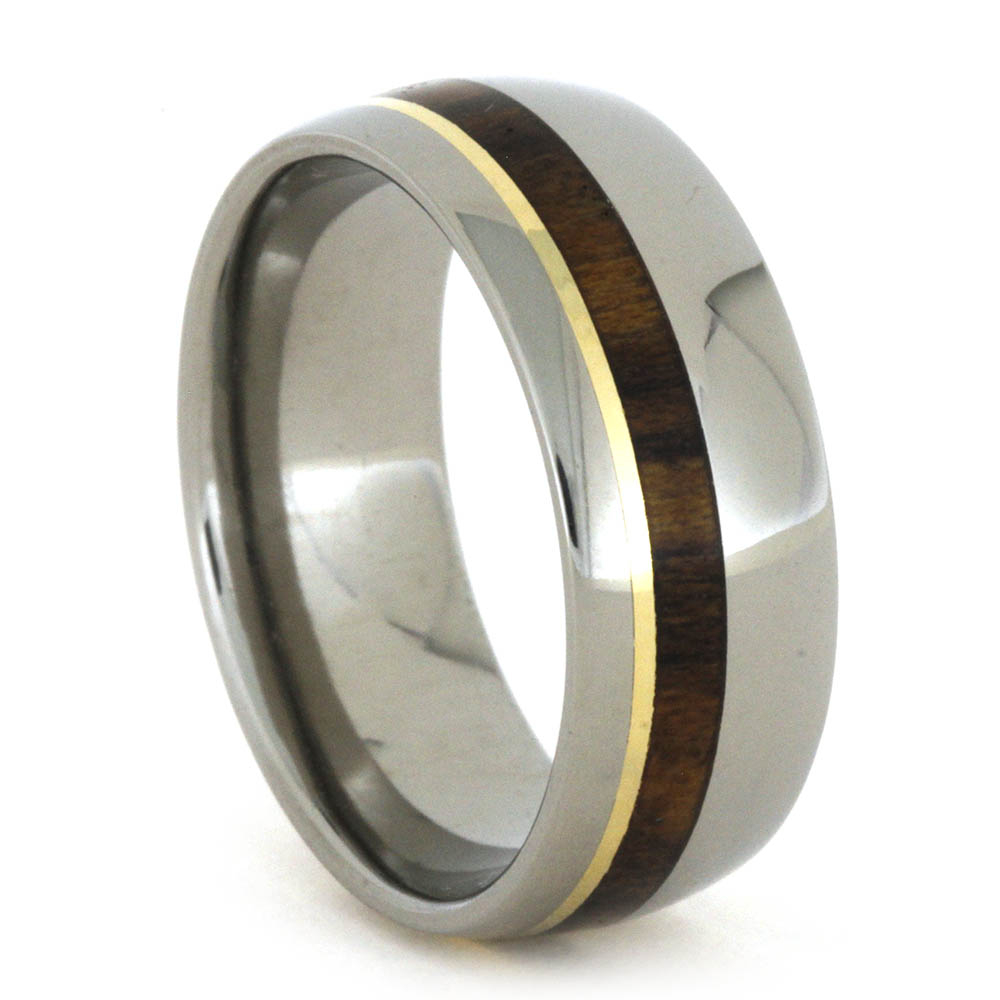 Wood and Yellow Gold 8mm Comfort-Fit Polished Titanium Band