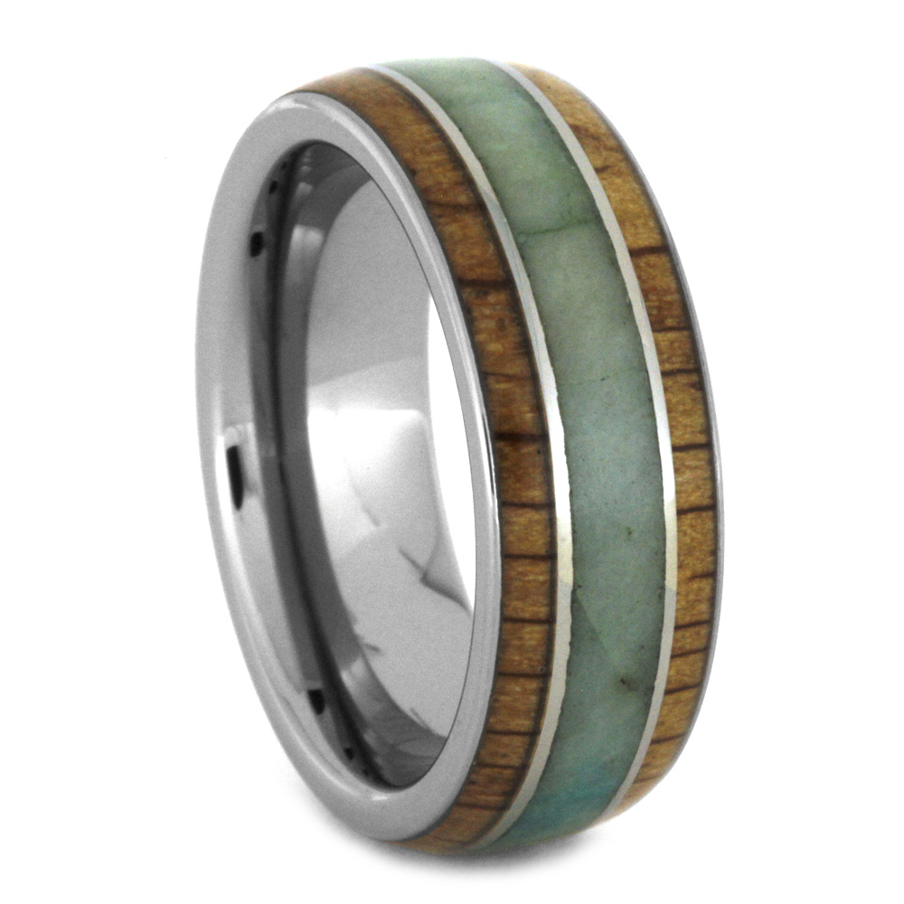 Chrysocolla and Oak Wood Inlay 8mm Comfort-Fit Polished Titanium Ring.