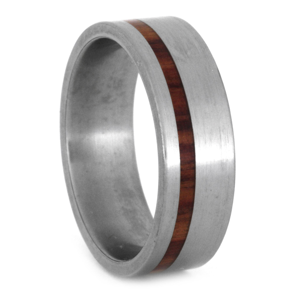 Flat Ring with Wood Pinstripe 8mm Comfort-Fit Brushed Titanium Ring