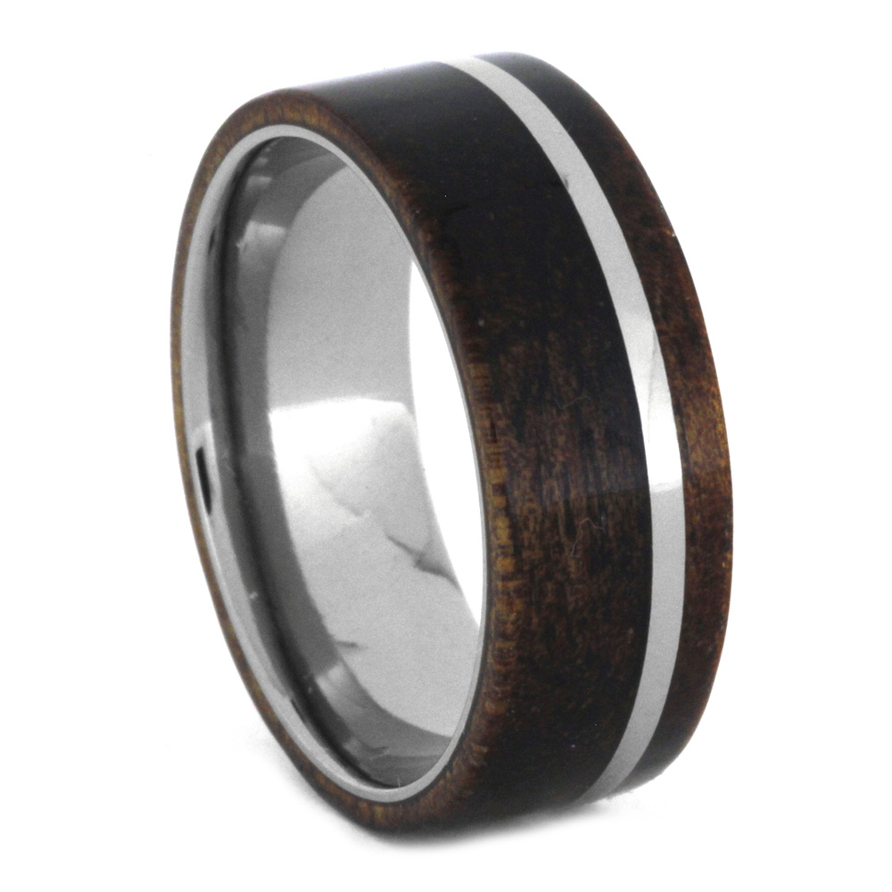 Wood with Titanium Pinstripe Inlay 8mm Comfort-Fit Polished Titanium Band