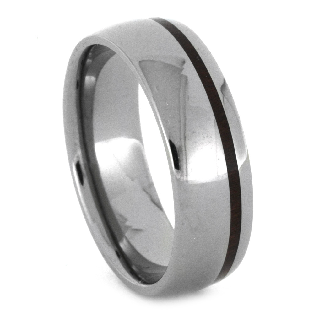 Wood Pinstripe Inaly 7mm Comfort-Fit Polished Titanium Wedding Band