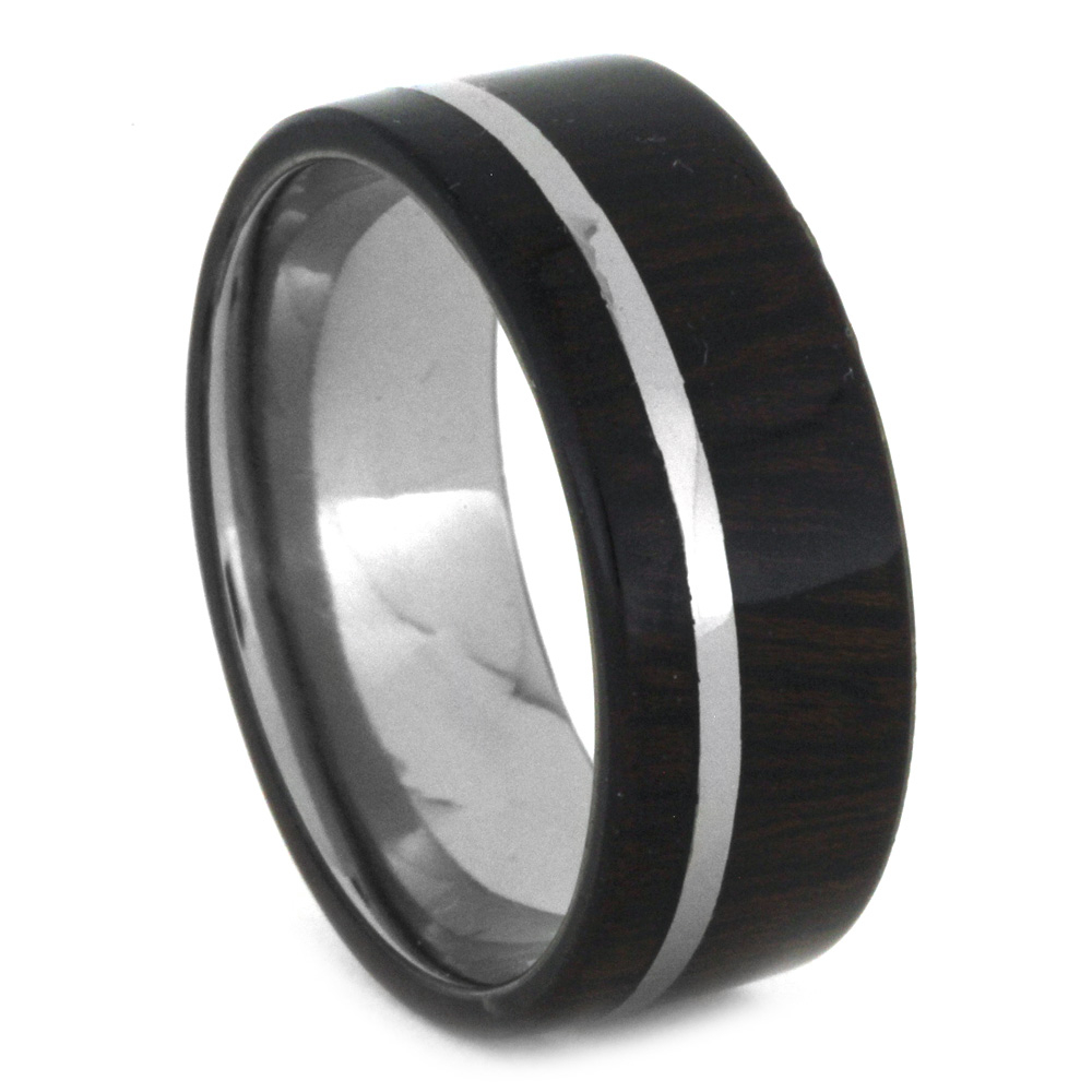 Wooden Ring with Titanium Pinstripe Inlay 8mm Comfort-Fit Matte Titanium Band