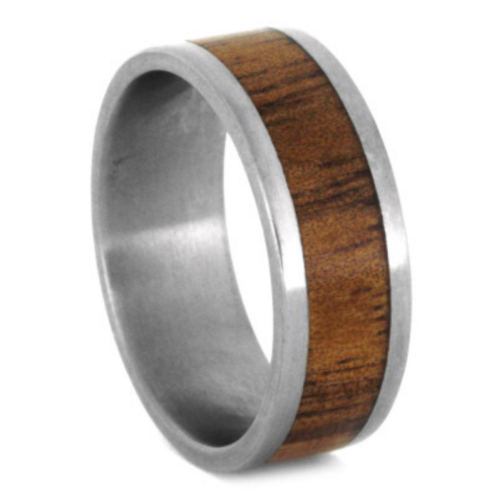 Wood Inlay Flat Ring 8mm Comfort-Fit Matte Titanium Band 