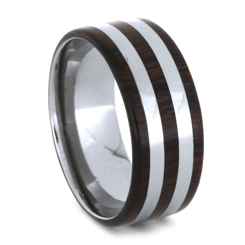 Wood has Titanium Pinstripes Inlay 9mm Comfort-Fit Polished Titanium Band 