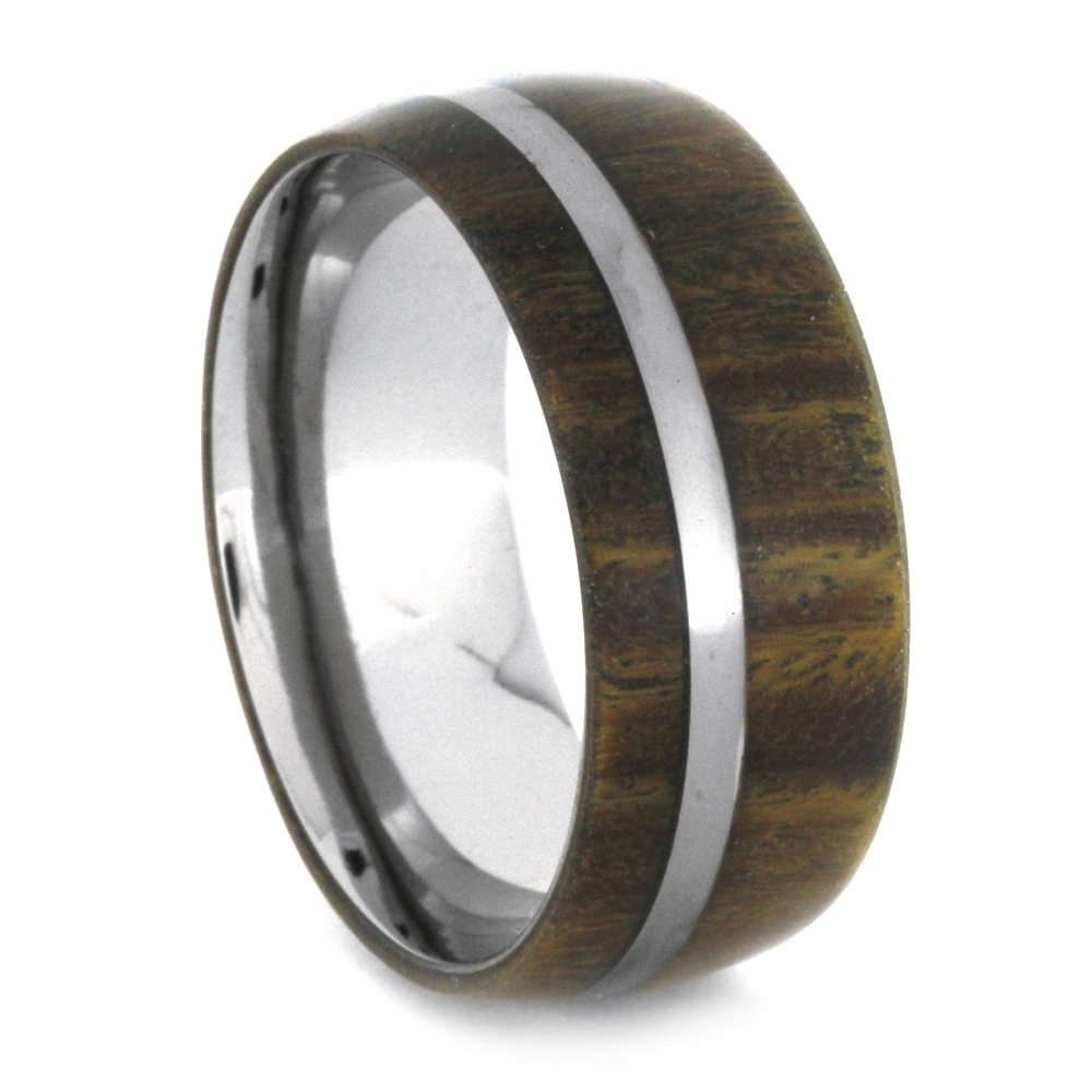 Wood Overlay with Titanium Pinstripe 9mm Comfort-Fit Polished Titanium Ring.