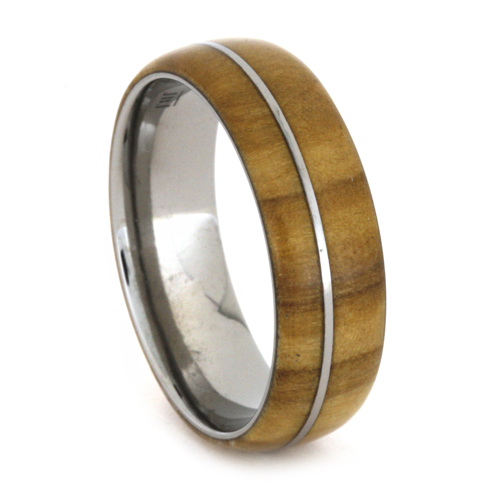 Olive Wood with Titanium Pinstripe 7mm Comfort-Fit Polished Titanium Band