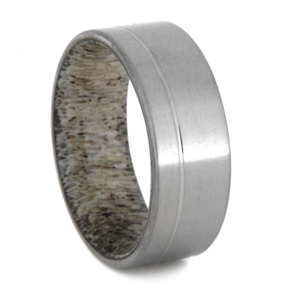 Deer Antler Flat Ring 9mm Matte Grooved Pinstripe Titanium Band