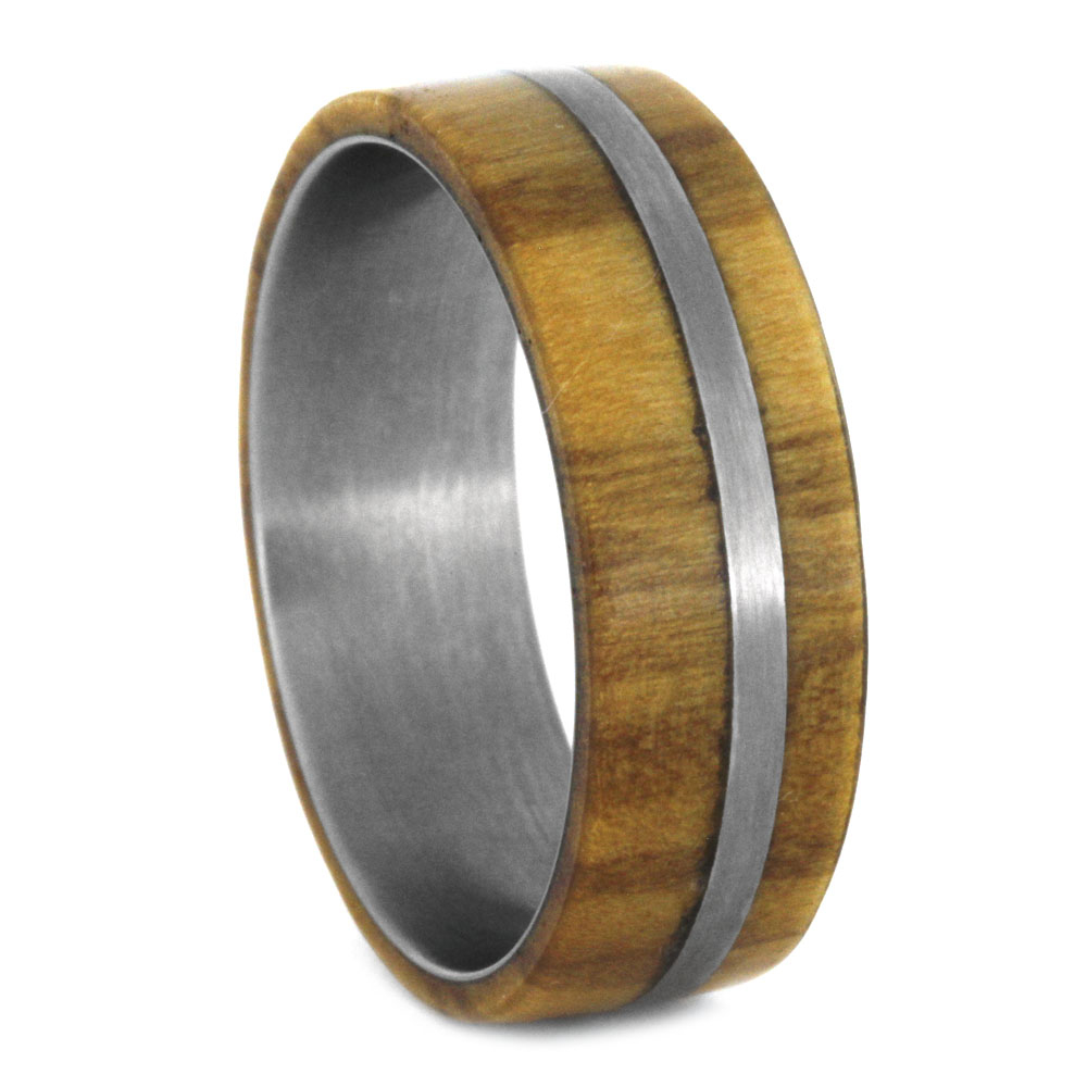 Olive Wood Flat Ring 8.5mm Comfort-Fit Matte Titanium Band 