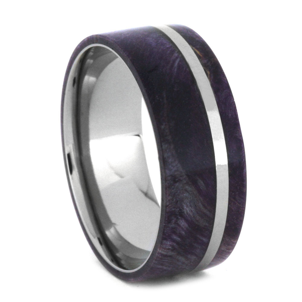 Purple Box Elder Flat Ring 8.5mm Comfort-Fit Polished Titanium Band 