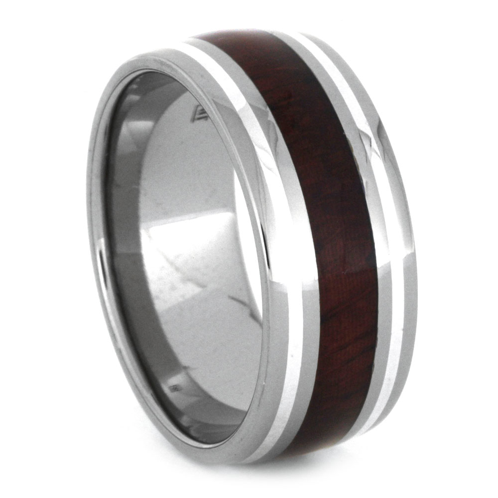 Paduak Wood Inlay with Sterling Silver 10mm Comfort-Fit Polished Titanium Band