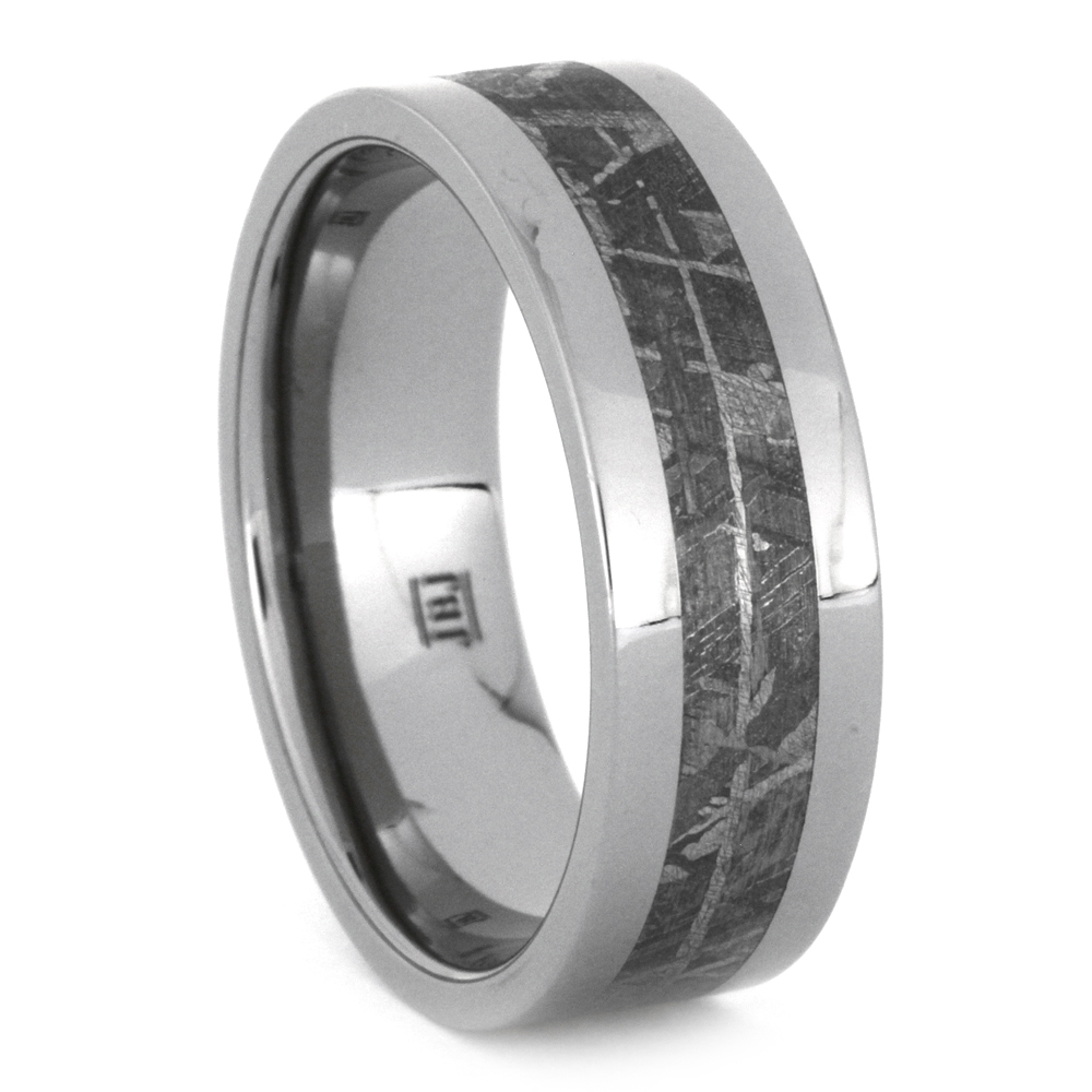  Meteorite Inlay 8mm Comfort-Fit Polished Titanium Flat Band