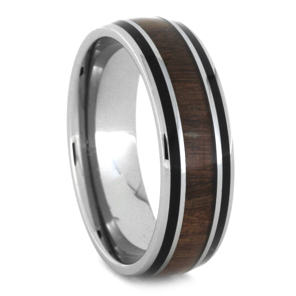 Wood with Black Enamel Pinstripes Inlay 8mm Comfort-Fit Polished Titanium Band