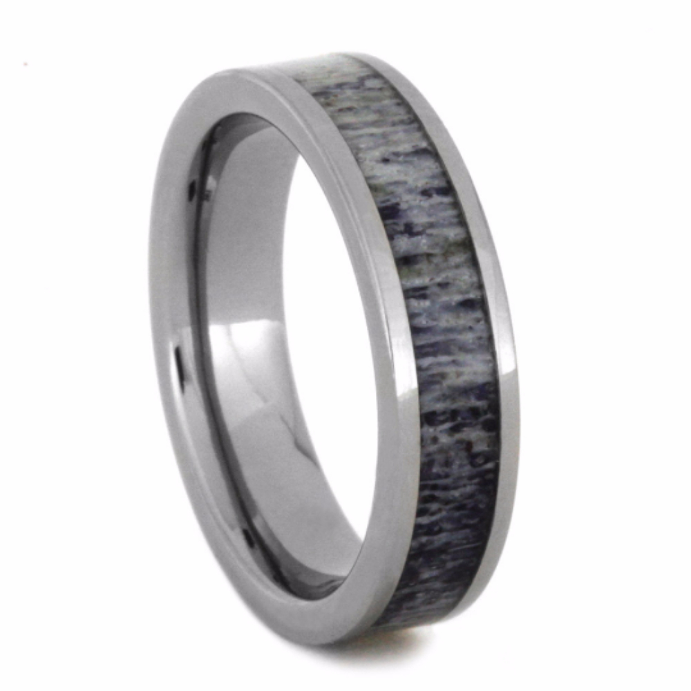 Purple Deer Antler Inlay 5mm Comfort-Fit Polished Titanium Wedding Band 