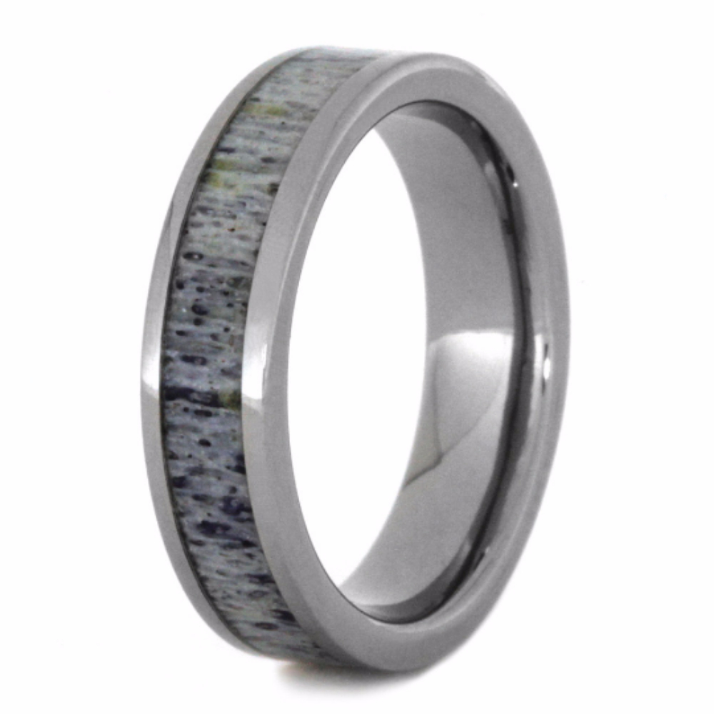 Purple Deer Antler Inlay 5mm Comfort-Fit Polished Titanium Wedding Band.