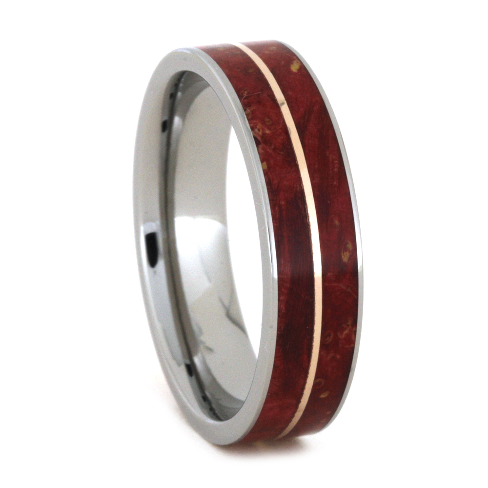 Ruby Redwood with 14k Rose Gold Pinstripe Inlay 6mm Comfort-Fit Polished Titanium Band.