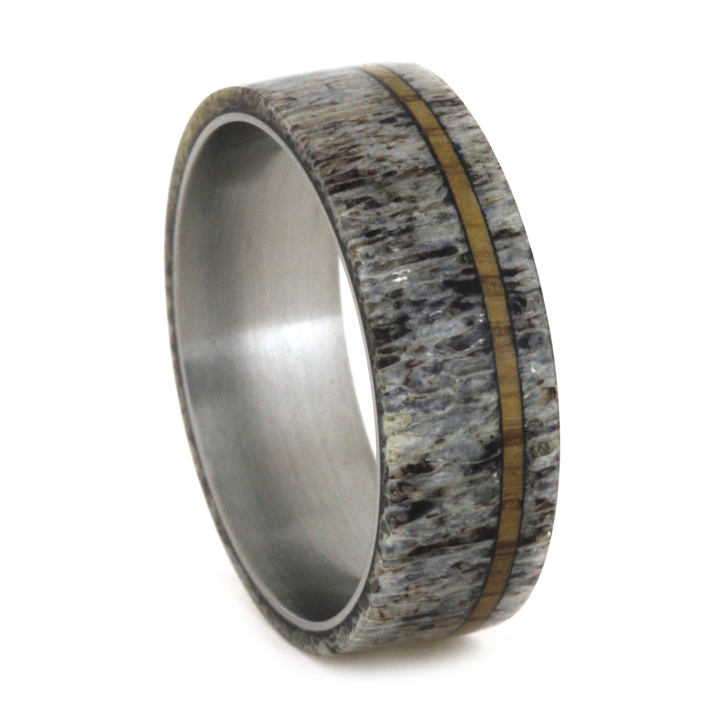 Deer Antler Overlay with Oak Wood Pinstripe Inlay 8mm Comfort-Fit Titanium Band.