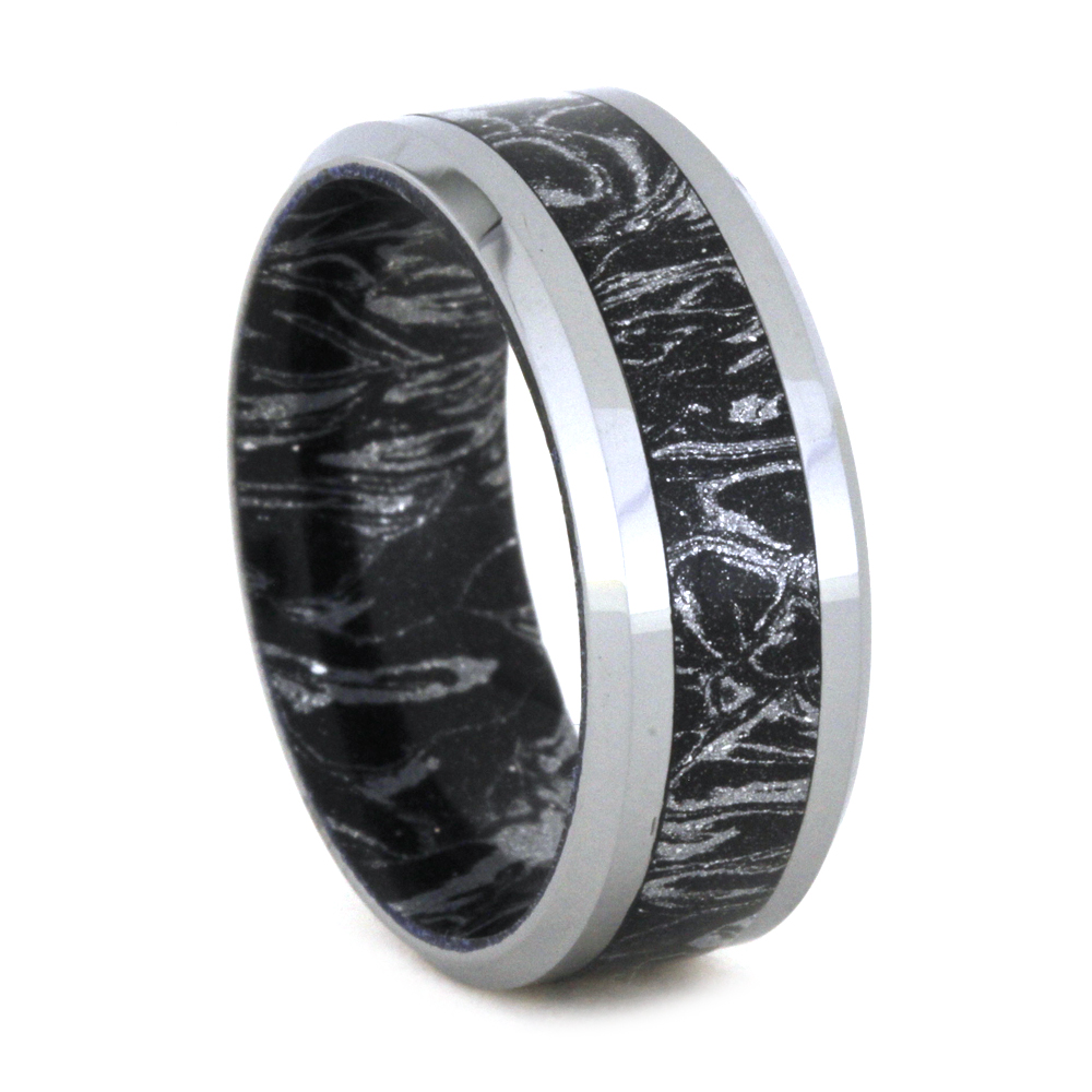 Meteorite Edges and Dinosaur Bone Inlay 6mm Comfort-Fit Matte Titanium Ring.