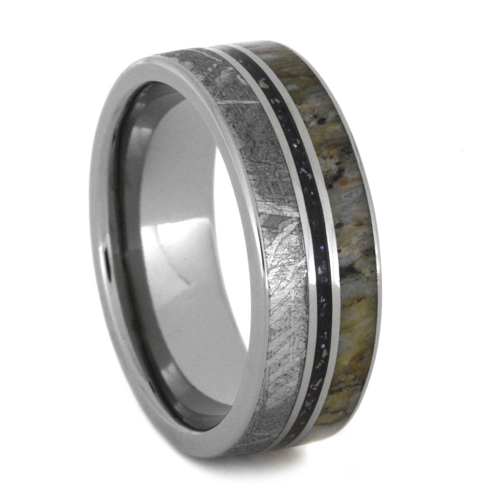 Metallic Enamel Inlay with Gibeon Meteorite and Dinosaur Bone 8mm Comfort-Fit Titanium Ring.