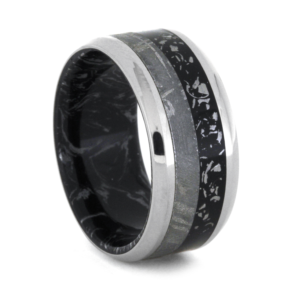 Black Stardust and Gibeon Meteorite Inlay with Black and Silver Mokume Gane Sleeve 10mm Comfort-Fit Titanium Band.