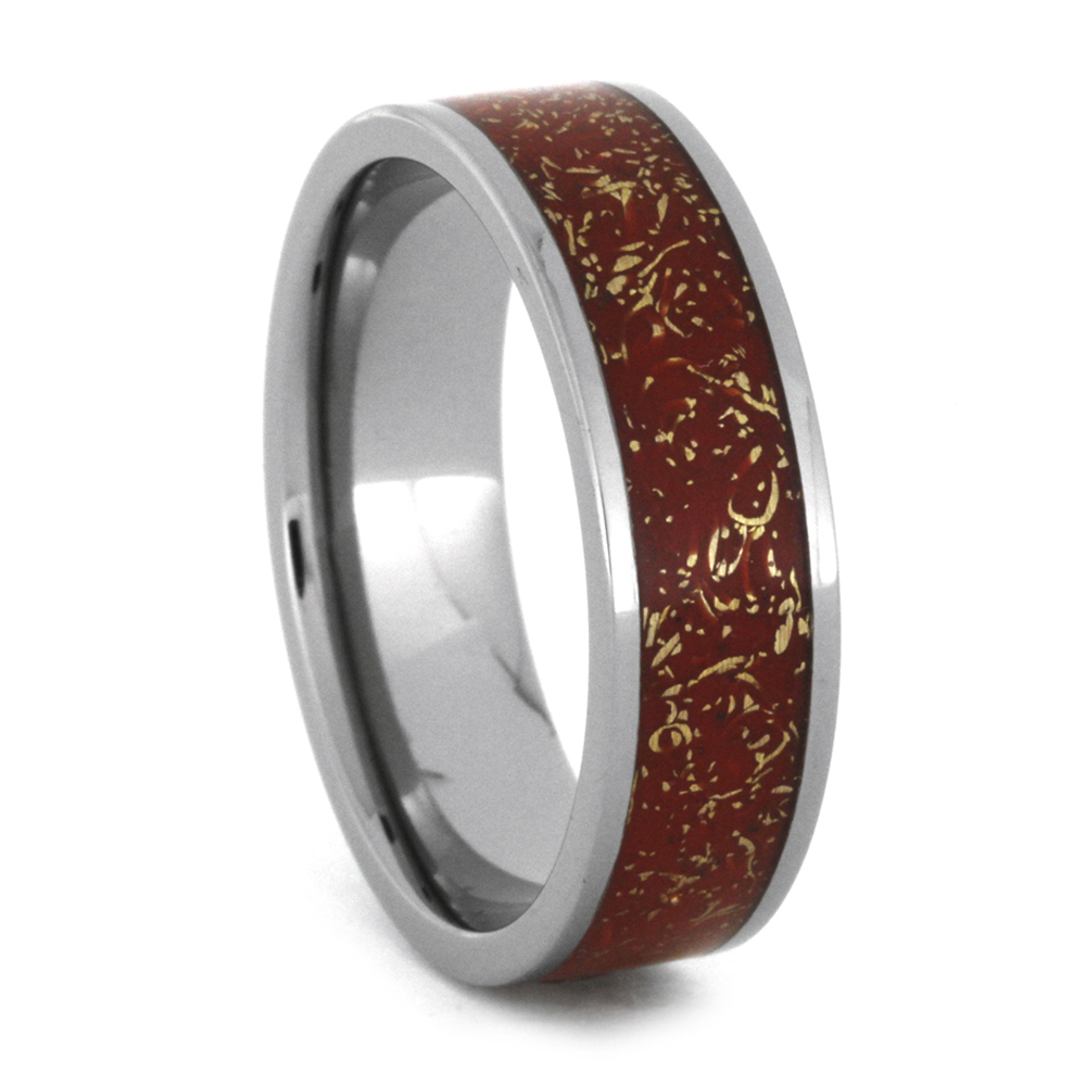 Orange Stardust with Yellow Gold Inlay 7mm Comfort-Fit Polished Titanium Band
