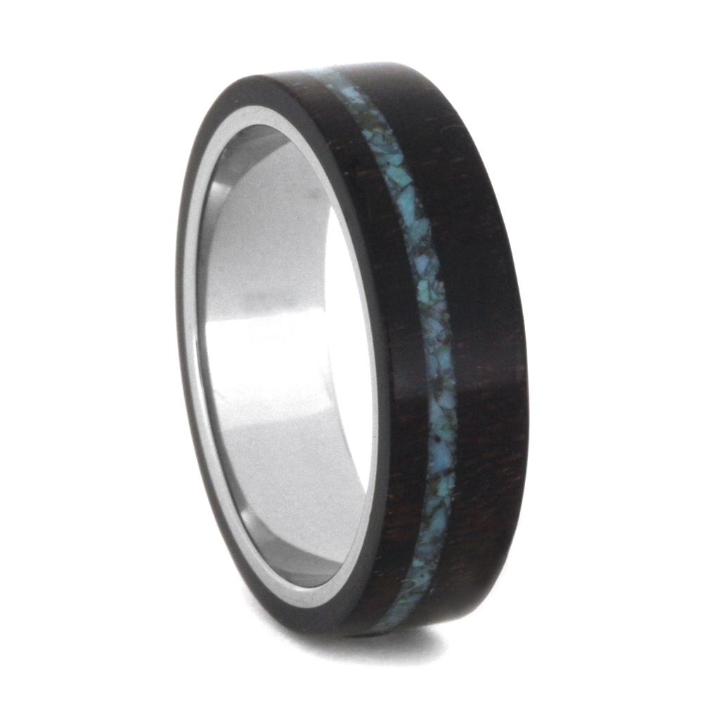 King Wood Ring with Turquoise Inlay 6mm Comfort-Fit Polished Titanium Band 
