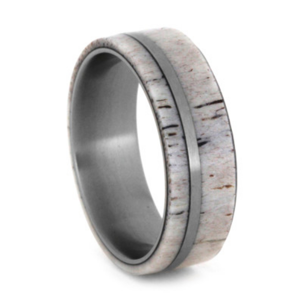 Antler with Titanium Pinstripe Inlay 7mm Comfort-Fit Polished Titanium Band 