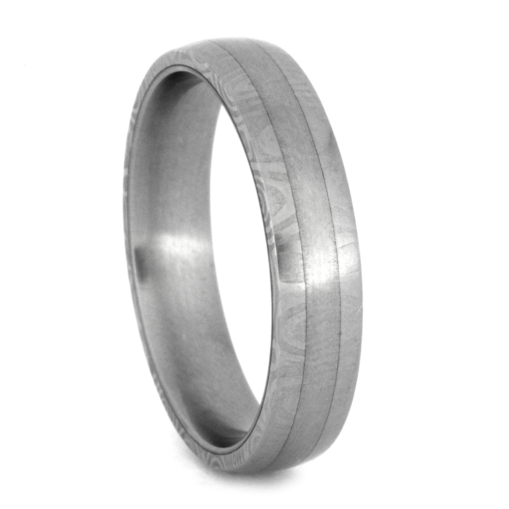 Damascus Round Ring 5mm Comfort-Fit Matte Titanium Wedding Band 