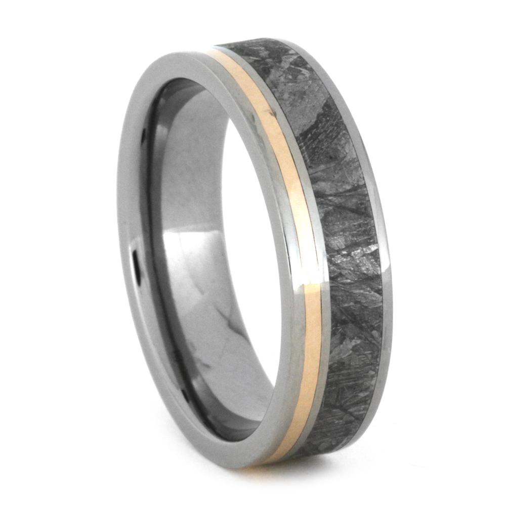 Gibeon Meteorite with 14k Rose Gold Pinstripes Inlay 6mm Comfort-Fit Titanium Band