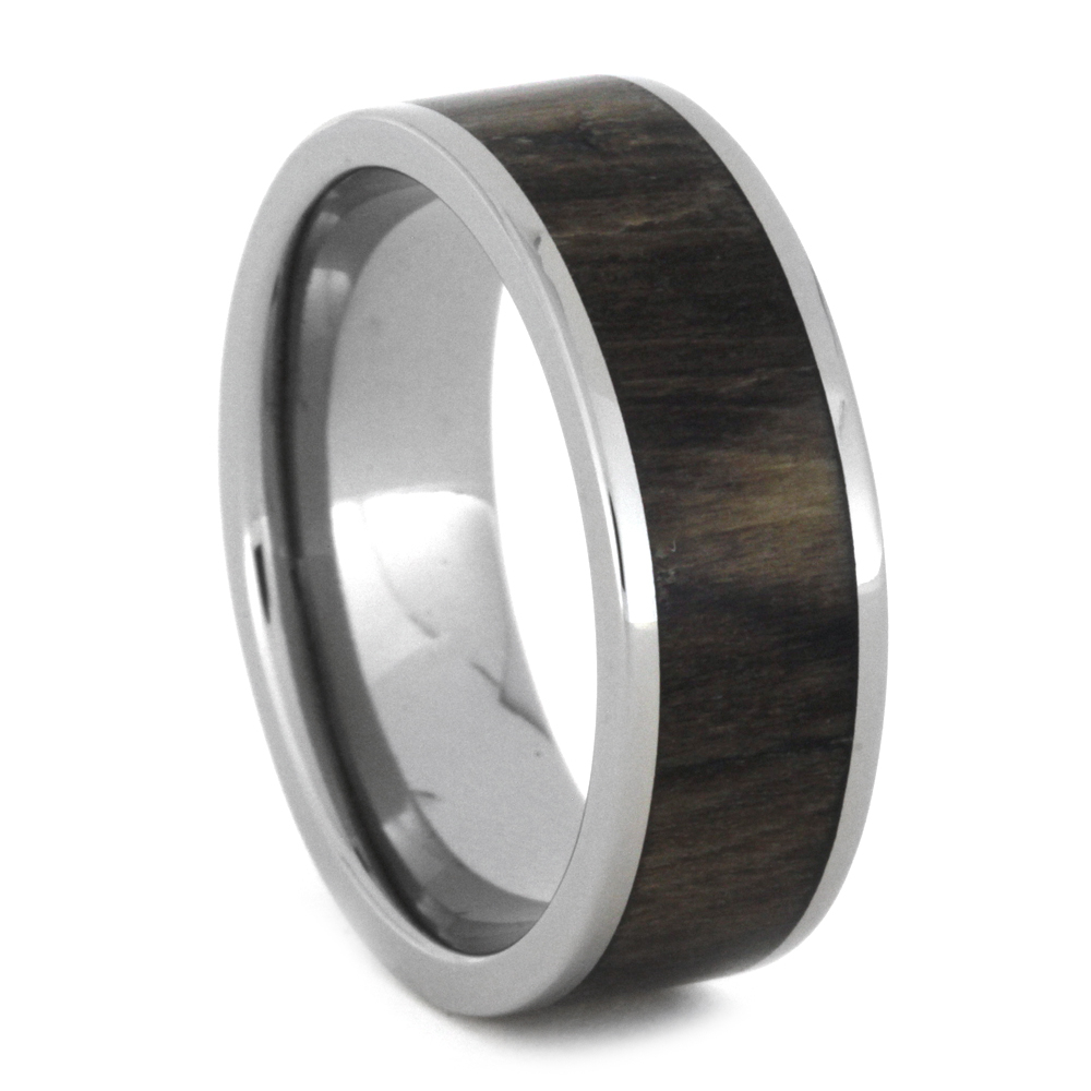 Petrified Wood Inlay Flat Ring 8mm Comfort-Fit Polished Titanium Band 
