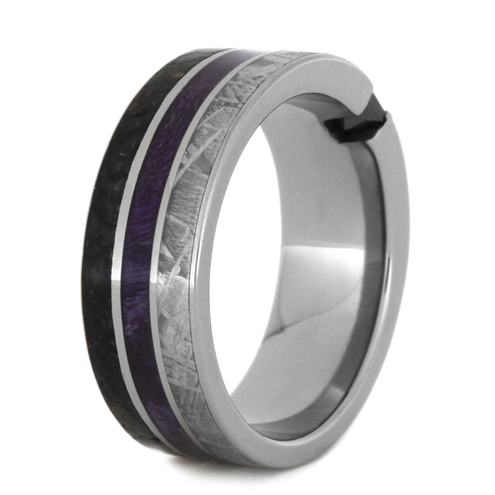 Black Diamond with Purple Box Elder Wood, Dinosaur Bone and Gibeon Meteorite Inlay 8mm Comfort-Fit Titanium Band 