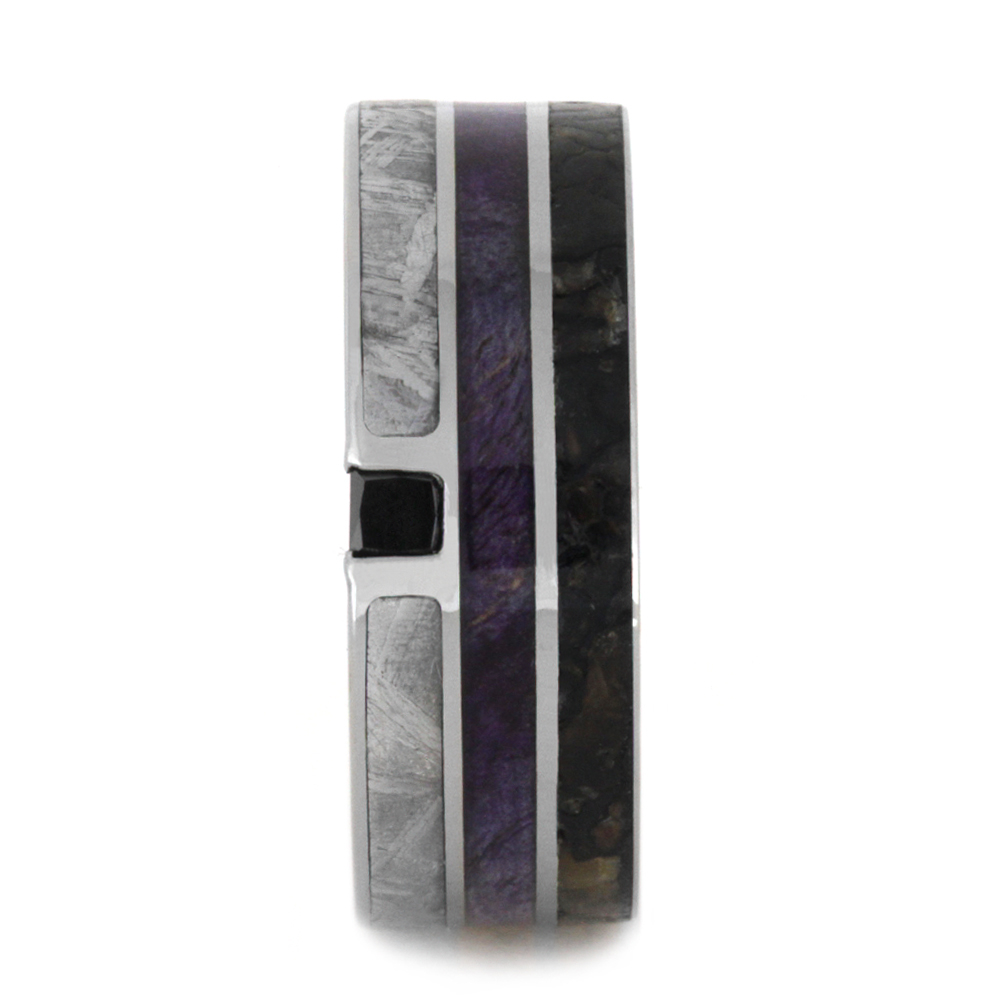 Black Diamond with Purple Box Elder Wood, Dinosaur Bone and Gibeon Meteorite Inlay 8mm Comfort-Fit Titanium Band 